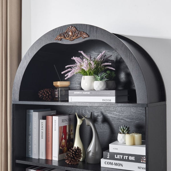 English Elm Arched Tall Storage Cabinet with Carved Applique Open Display and Enclosed Shelving Black W2899P516218