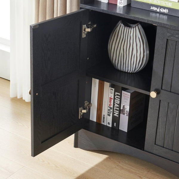 English Elm Arched Tall Storage Cabinet with Carved Applique Open Display and Enclosed Shelving Black W2899P516218