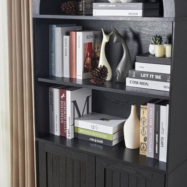 English Elm Arched Tall Storage Cabinet with Carved Applique Open Display and Enclosed Shelving Black W2899P516218