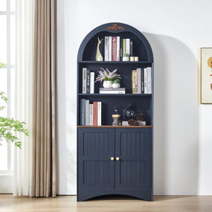 English Elm Arched Tall Storage Cabinet with Carved Applique Open Display and Enclosed Shelving Blue W2899P516219