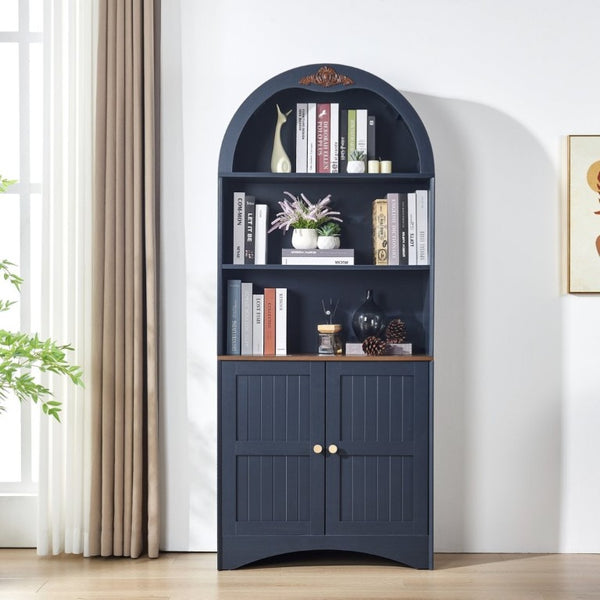 English Elm Arched Tall Storage Cabinet with Carved Applique Open Display and Enclosed Shelving Blue W2899P516219