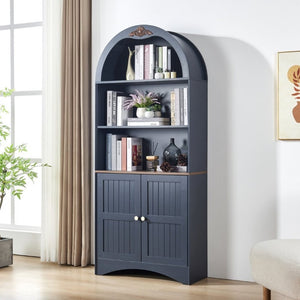 English Elm Arched Tall Storage Cabinet with Carved Applique Open Display and Enclosed Shelving Blue W2899P516219