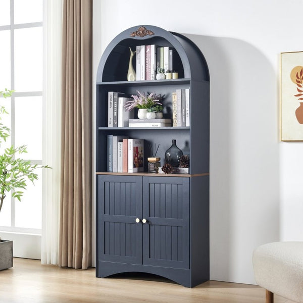 English Elm Arched Tall Storage Cabinet with Carved Applique Open Display and Enclosed Shelving Blue W2899P516219
