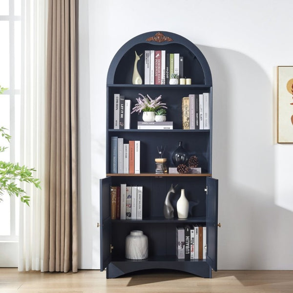 English Elm Arched Tall Storage Cabinet with Carved Applique Open Display and Enclosed Shelving Blue W2899P516219