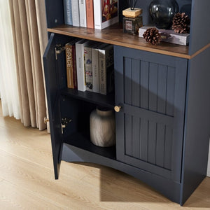 English Elm Arched Tall Storage Cabinet with Carved Applique Open Display and Enclosed Shelving Blue W2899P516219