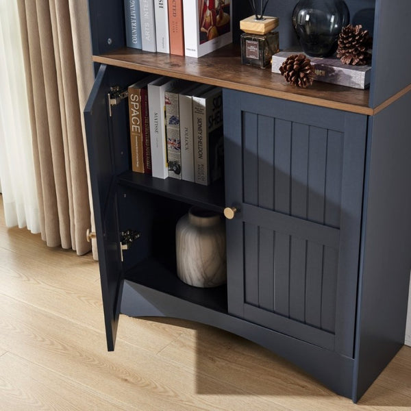 English Elm Arched Tall Storage Cabinet with Carved Applique Open Display and Enclosed Shelving Blue W2899P516219