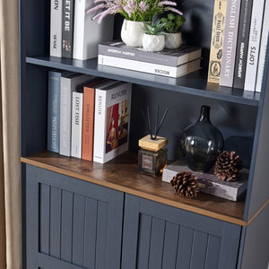 English Elm Arched Tall Storage Cabinet with Carved Applique Open Display and Enclosed Shelving Blue W2899P516219