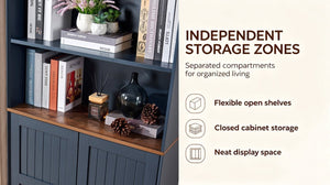 English Elm Arched Tall Storage Cabinet with Carved Applique Open Display and Enclosed Shelving Blue W2899P516219