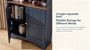 English Elm Arched Tall Storage Cabinet with Carved Applique Open Display and Enclosed Shelving Blue W2899P516219