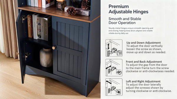 English Elm Arched Tall Storage Cabinet with Carved Applique Open Display and Enclosed Shelving Blue W2899P516219