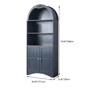 English Elm Arched Tall Storage Cabinet with Carved Applique Open Display and Enclosed Shelving Blue W2899P516219