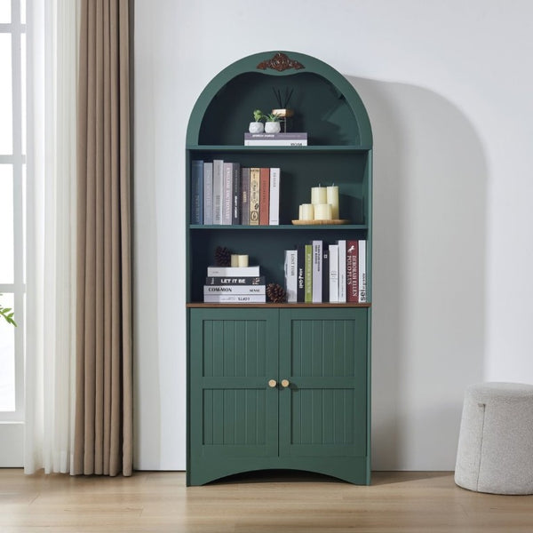 English Elm Arched Tall Storage Cabinet with Carved Applique Open Display and Enclosed Shelving Green W2899P516220