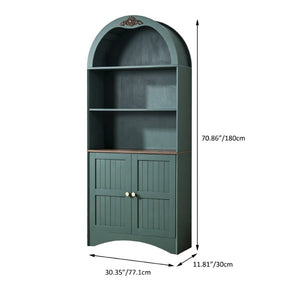 English Elm Arched Tall Storage Cabinet with Carved Applique Open Display and Enclosed Shelving Green W2899P516220