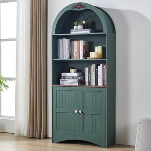 English Elm Arched Tall Storage Cabinet with Carved Applique Open Display and Enclosed Shelving Green W2899P516220