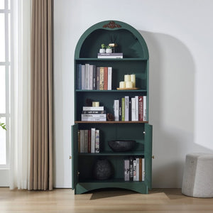 English Elm Arched Tall Storage Cabinet with Carved Applique Open Display and Enclosed Shelving Green W2899P516220