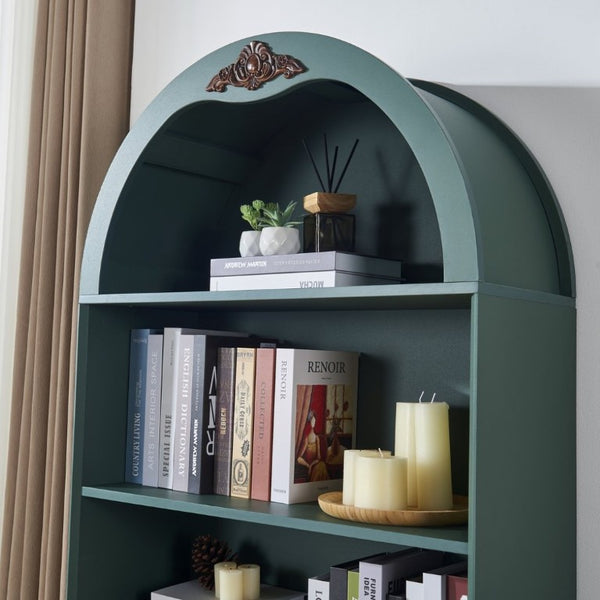 English Elm Arched Tall Storage Cabinet with Carved Applique Open Display and Enclosed Shelving Green W2899P516220