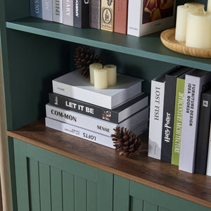 English Elm Arched Tall Storage Cabinet with Carved Applique Open Display and Enclosed Shelving Green W2899P516220