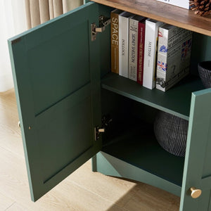 English Elm Arched Tall Storage Cabinet with Carved Applique Open Display and Enclosed Shelving Green W2899P516220