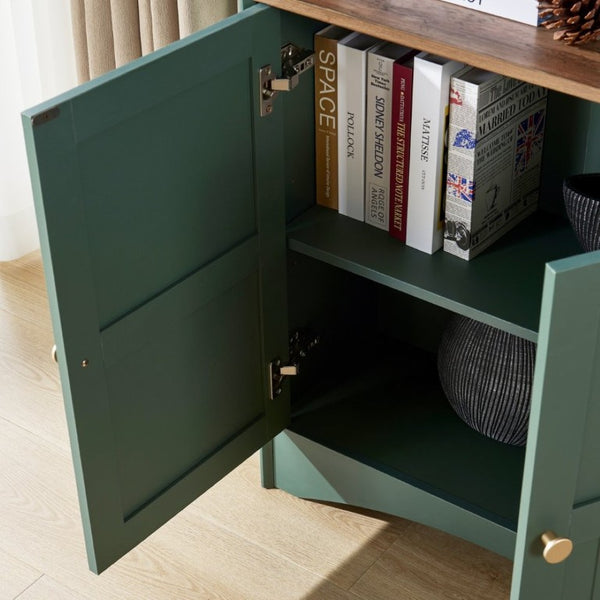 English Elm Arched Tall Storage Cabinet with Carved Applique Open Display and Enclosed Shelving Green W2899P516220