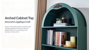 English Elm Arched Tall Storage Cabinet with Carved Applique Open Display and Enclosed Shelving Green W2899P516220