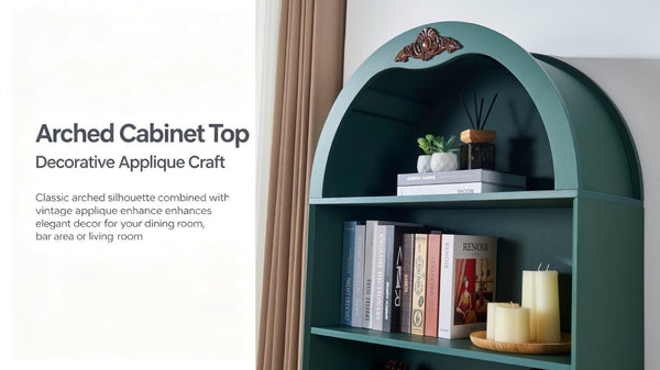 English Elm Arched Tall Storage Cabinet with Carved Applique Open Display and Enclosed Shelving Green W2899P516220