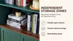 English Elm Arched Tall Storage Cabinet with Carved Applique Open Display and Enclosed Shelving Green W2899P516220