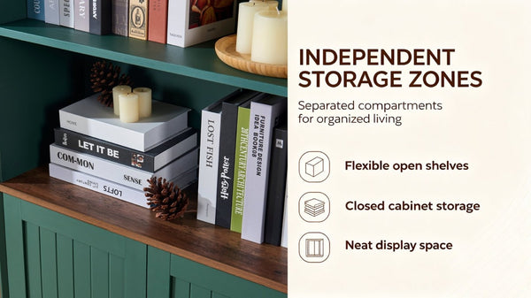 English Elm Arched Tall Storage Cabinet with Carved Applique Open Display and Enclosed Shelving Green W2899P516220