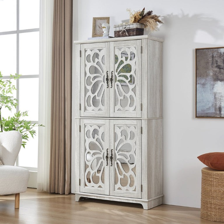 English Elm Tall Carved Acrylic Mirror Door Storage Cabinet Freestanding Sideboard for Living Room W2899P532596