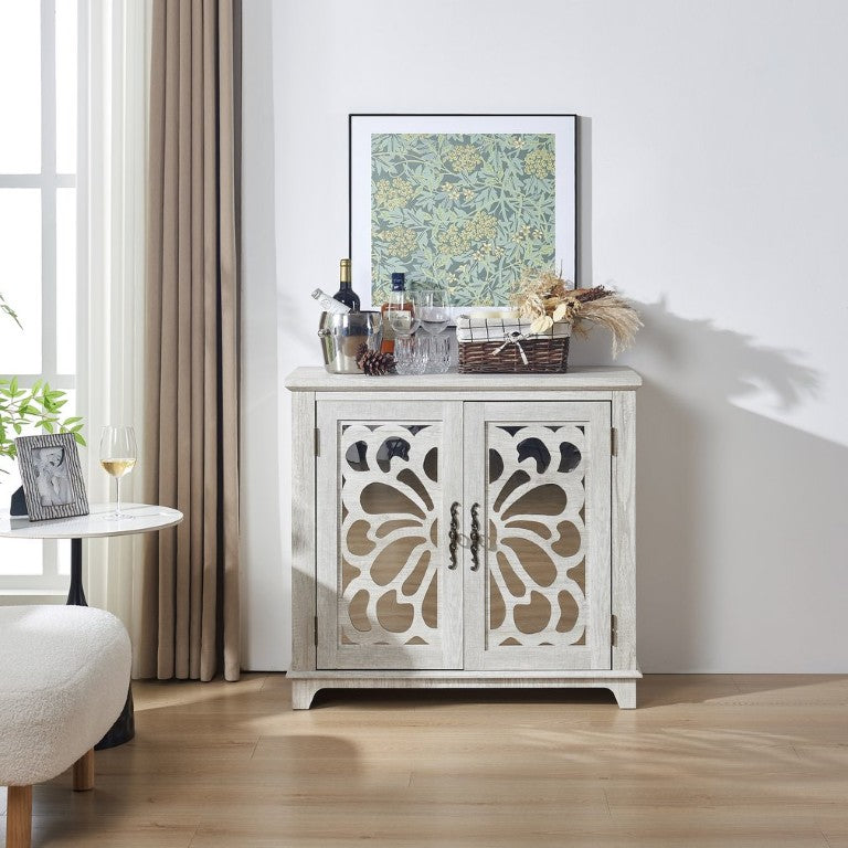English Elm Freestanding Buffet Sideboard with Floral Carved Acrylic Doors and Adjustable Interior Shelf W2899P536716