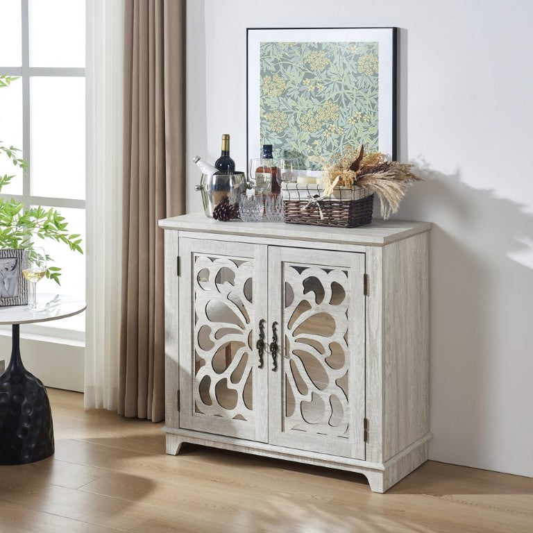 English Elm Freestanding Buffet Sideboard with Floral Carved Acrylic Doors and Adjustable Interior Shelf W2899P536716