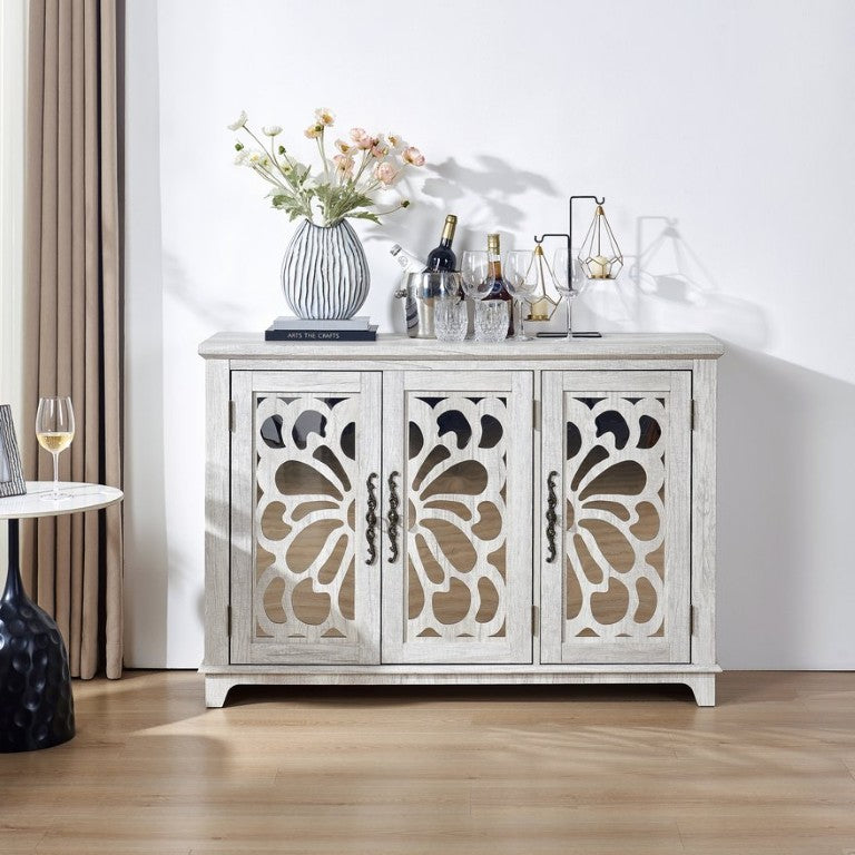 English Elm Freestanding Sideboard Buffet with Carved Acrylic Mirror Doors and Adjustable Interior Shelf W2899P536718