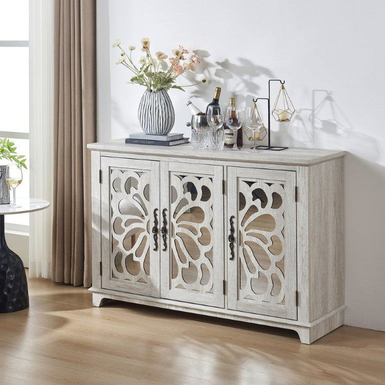English Elm Freestanding Sideboard Buffet with Carved Acrylic Mirror Doors and Adjustable Interior Shelf W2899P536718