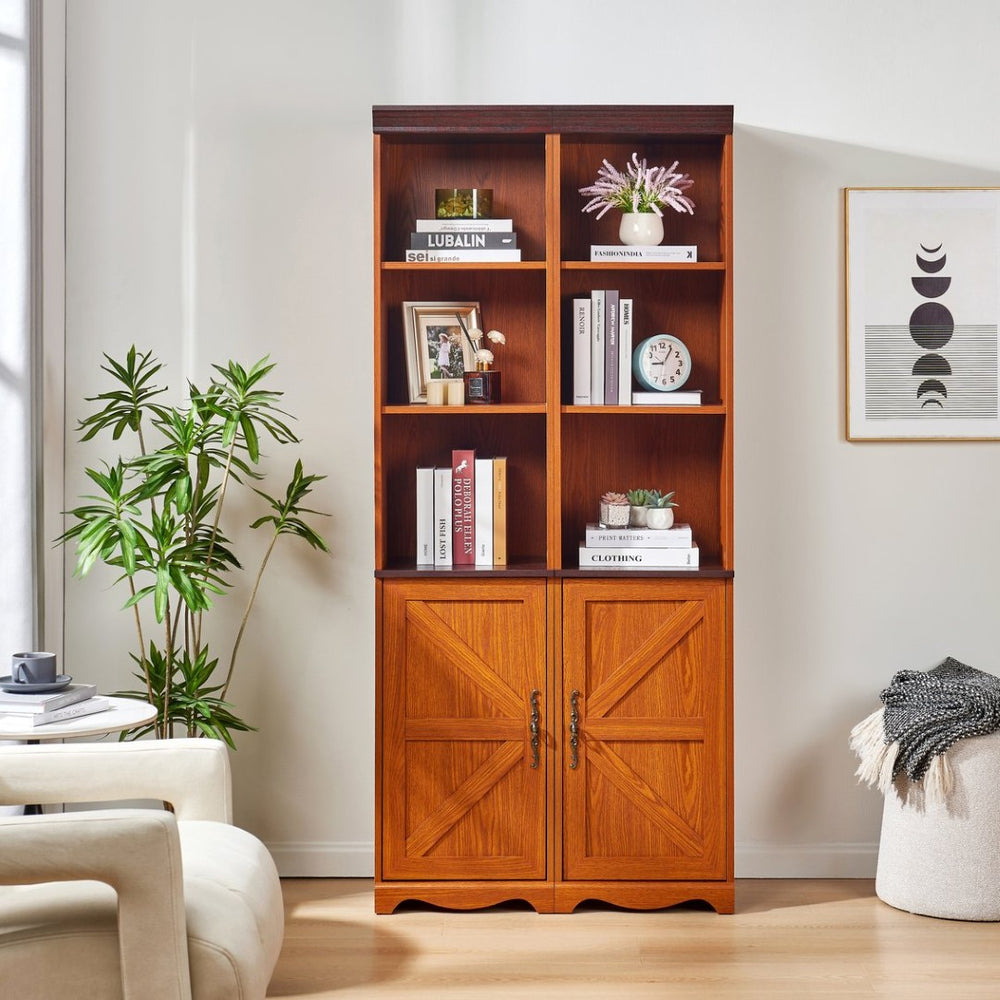 English Elm Farmhouse Tall Bookcase with Barn Doors Open Cubbies and Modular Mdf Wood Grain Build Dark Oak W2899S00024