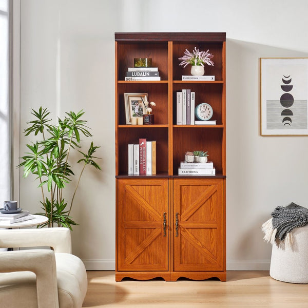 English Elm Farmhouse Tall Bookcase with Barn Doors Open Cubbies and Modular Mdf Wood Grain Build Dark Oak W2899S00024