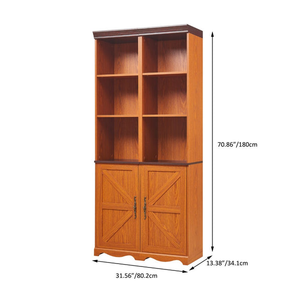 English Elm Farmhouse Tall Bookcase with Barn Doors Open Cubbies and Modular Mdf Wood Grain Build Dark Oak W2899S00024