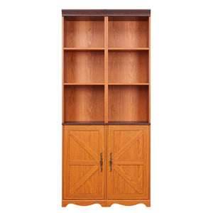 English Elm Farmhouse Tall Bookcase with Barn Doors Open Cubbies and Modular Mdf Wood Grain Build Dark Oak W2899S00024