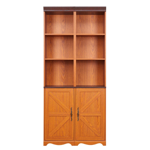 English Elm Farmhouse Tall Bookcase with Barn Doors Open Cubbies and Modular Mdf Wood Grain Build Dark Oak W2899S00024