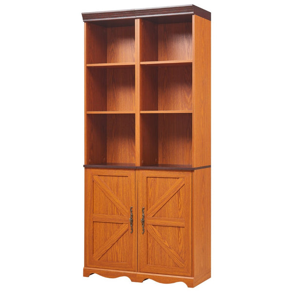 English Elm Farmhouse Tall Bookcase with Barn Doors Open Cubbies and Modular Mdf Wood Grain Build Dark Oak W2899S00024