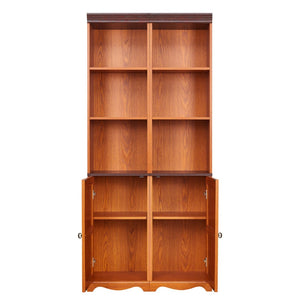 English Elm Farmhouse Tall Bookcase with Barn Doors Open Cubbies and Modular Mdf Wood Grain Build Dark Oak W2899S00024