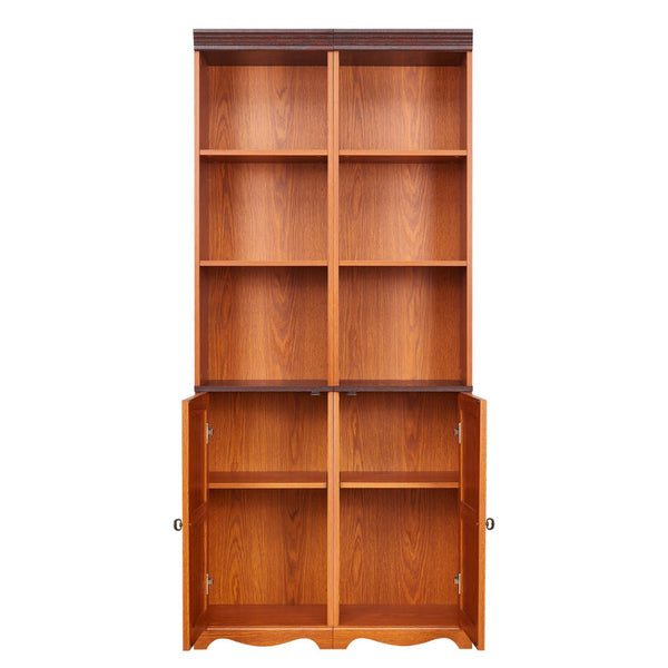 English Elm Farmhouse Tall Bookcase with Barn Doors Open Cubbies and Modular Mdf Wood Grain Build Dark Oak W2899S00024