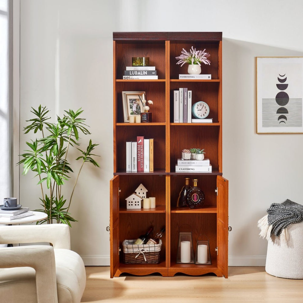 English Elm Farmhouse Tall Bookcase with Barn Doors Open Cubbies and Modular Mdf Wood Grain Build Dark Oak W2899S00024