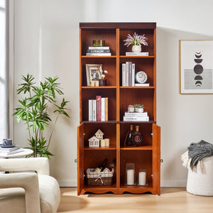 English Elm Farmhouse Tall Bookcase with Barn Doors Open Cubbies and Modular Mdf Wood Grain Build Dark Oak W2899S00024