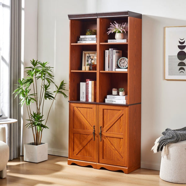 English Elm Farmhouse Tall Bookcase with Barn Doors Open Cubbies and Modular Mdf Wood Grain Build Dark Oak W2899S00024