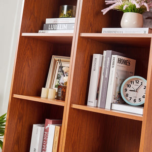 English Elm Farmhouse Tall Bookcase with Barn Doors Open Cubbies and Modular Mdf Wood Grain Build Dark Oak W2899S00024