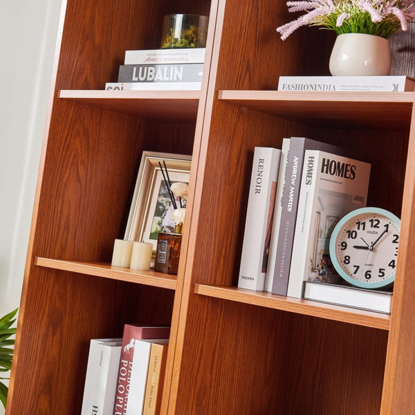 English Elm Farmhouse Tall Bookcase with Barn Doors Open Cubbies and Modular Mdf Wood Grain Build Dark Oak W2899S00024