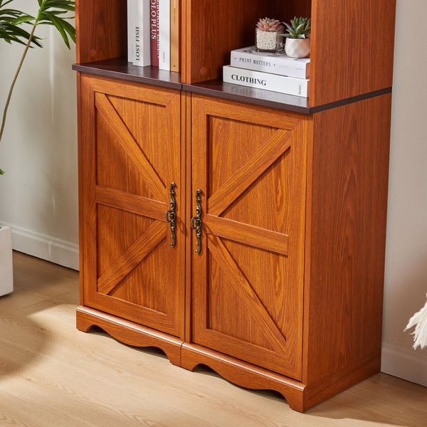 English Elm Farmhouse Tall Bookcase with Barn Doors Open Cubbies and Modular Mdf Wood Grain Build Dark Oak W2899S00024