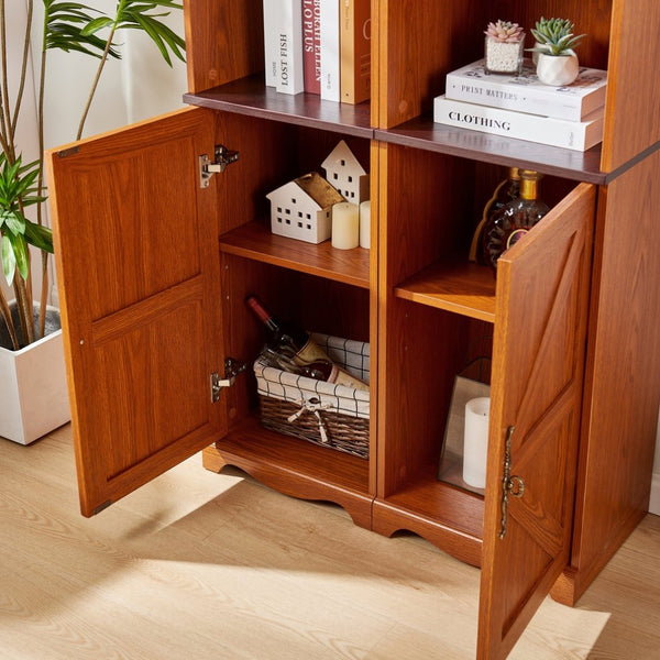 English Elm Farmhouse Tall Bookcase with Barn Doors Open Cubbies and Modular Mdf Wood Grain Build Dark Oak W2899S00024