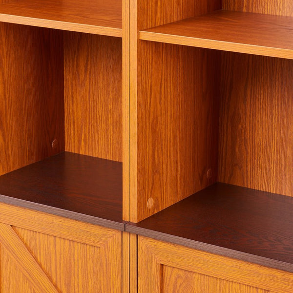 English Elm Farmhouse Tall Bookcase with Barn Doors Open Cubbies and Modular Mdf Wood Grain Build Dark Oak W2899S00024