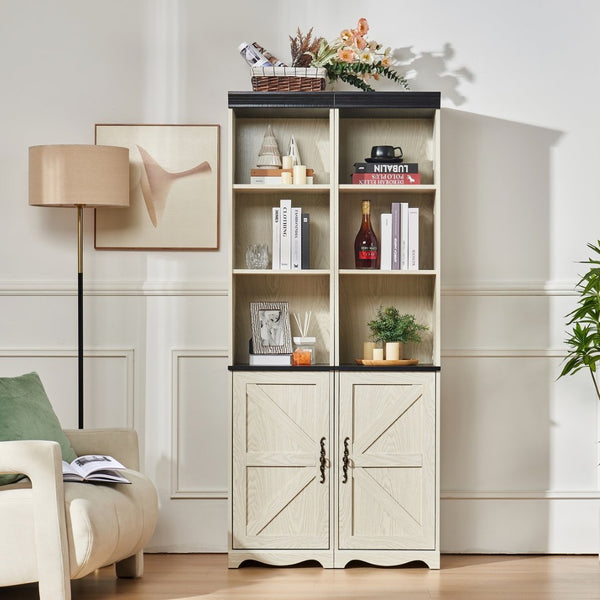 English Elm Farmhouse Tall Bookcase with Barn Doors Open Cubbies and Modular Mdf Wood Grain Build White W2899S00025