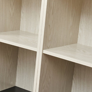 English Elm Farmhouse Tall Bookcase with Barn Doors Open Cubbies and Modular Mdf Wood Grain Build White W2899S00025